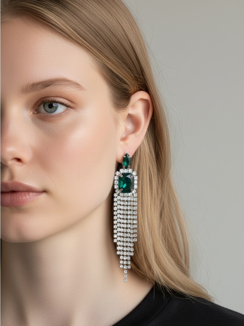 10/25 Emerald Green Crystal Cascade Drop Earrings - Designer